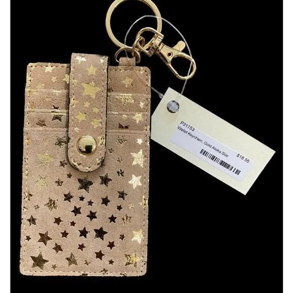 Product image for NWT Wallet Keychain-Tan (Camel) Suede & Gold Stars with credit card slots.