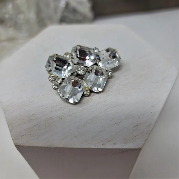Product image for Vintage Rhinestone Brooch Pin, Emerald Cut, Silver- tone Foil Back