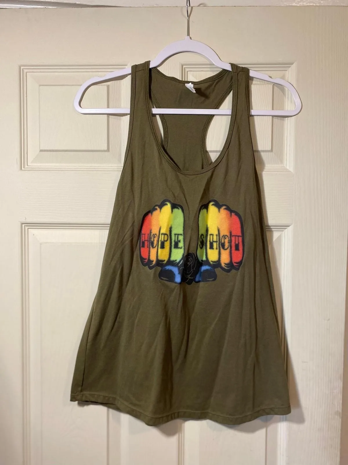 Product image for Women's Army Green Hope Shot Tank Top With Rainbow Fists Size Large - new-without-tags - Title Unknown