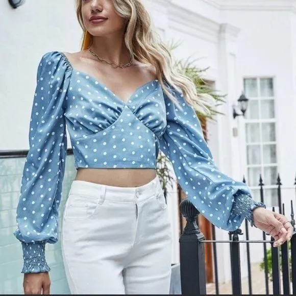 Product image for POLKA Dot Puff Sleeve Crop Top