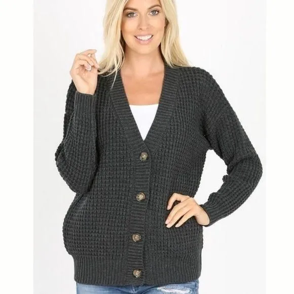 Product image for CHARCOAL Color Box Stitch Knit Cardigan