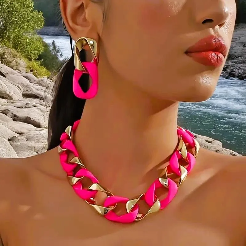 Product image for Jewelry Set Necklace and Earrings Punk Chic Pink & Gold Chunky Chain - Necklace - new