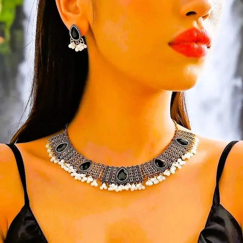 Product image for Jewelry Set Women Gold-Tone with Black Stones and White Pearls - 20" - Necklace - new