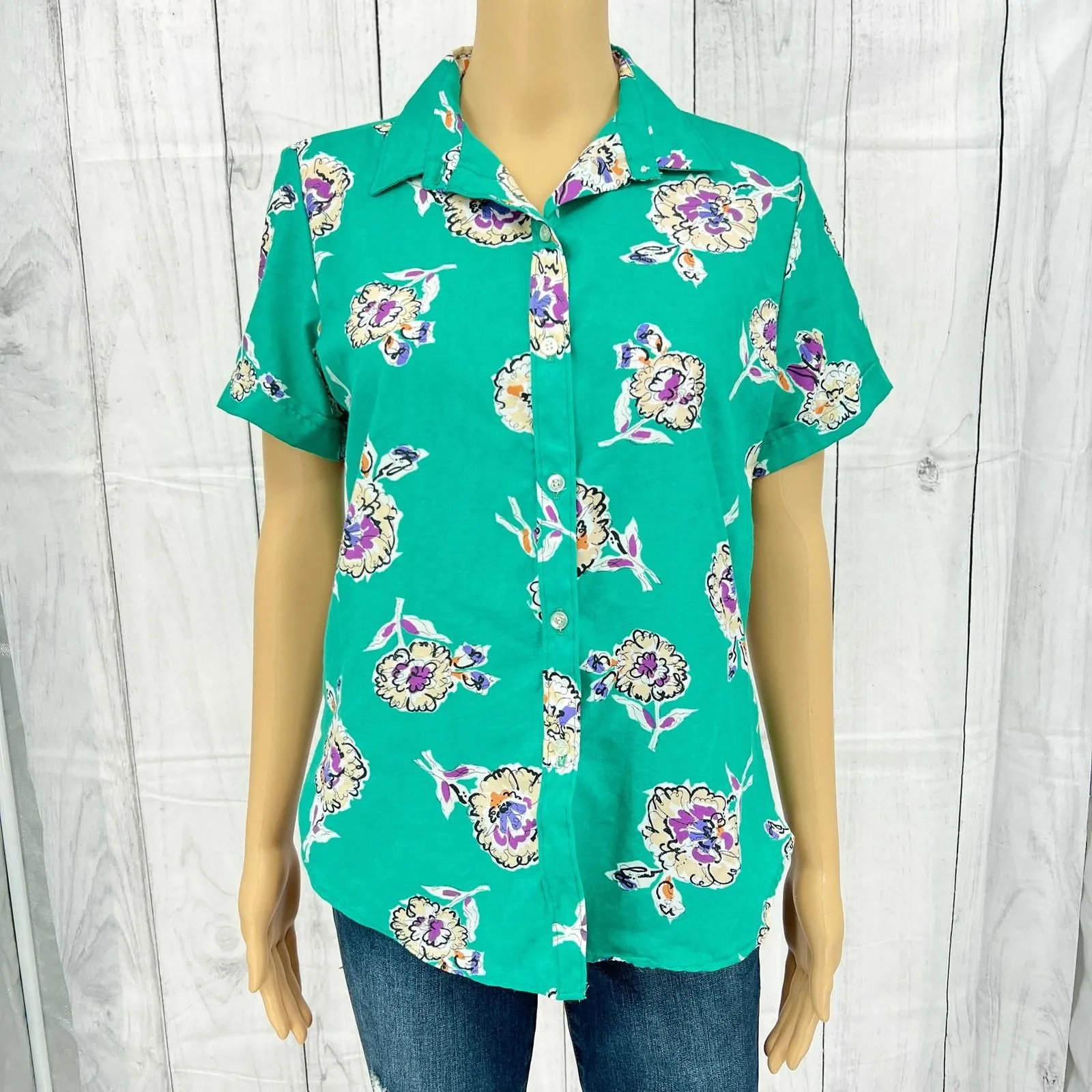 Product image for Oak Hill SMALL American VINTAGE 80s Womens Green Floral Button Up Blouse Top - pre-owned---good - American Vintage