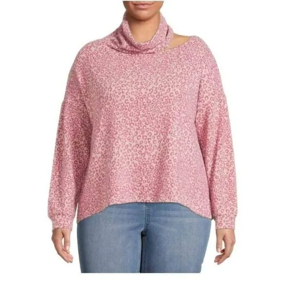 Product image for 2X Womens Terra & Sky Pink Leopard Cut Shouldrt Long Sleeve Shirt