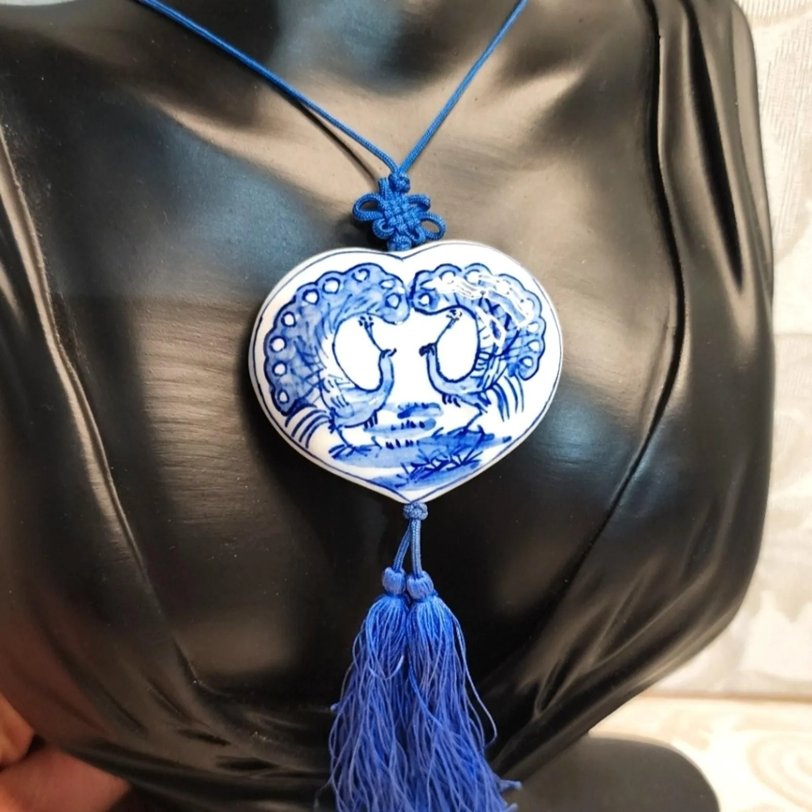 Product image for Vintage 60's Rare One of Kind Chateau Ceramic Heart Tassel Rope Necklace
