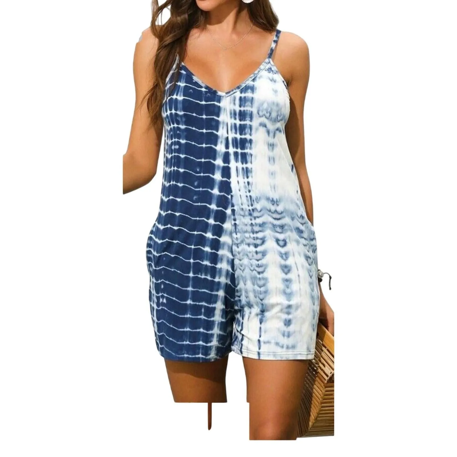 Product image for Blue/White strappy tie-dye romper with pockets, L, NWOT $18 - new-without-tags