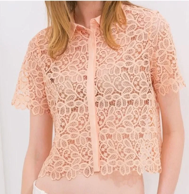 Product image for #53 ZARA Peach Lace Embroidered Button Down Cropped Short Sleeve Top Medium 