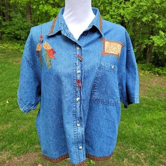 Product image for Gone Fishing Applique Chambray Button up Top size XL by Sugar Ridge Creations