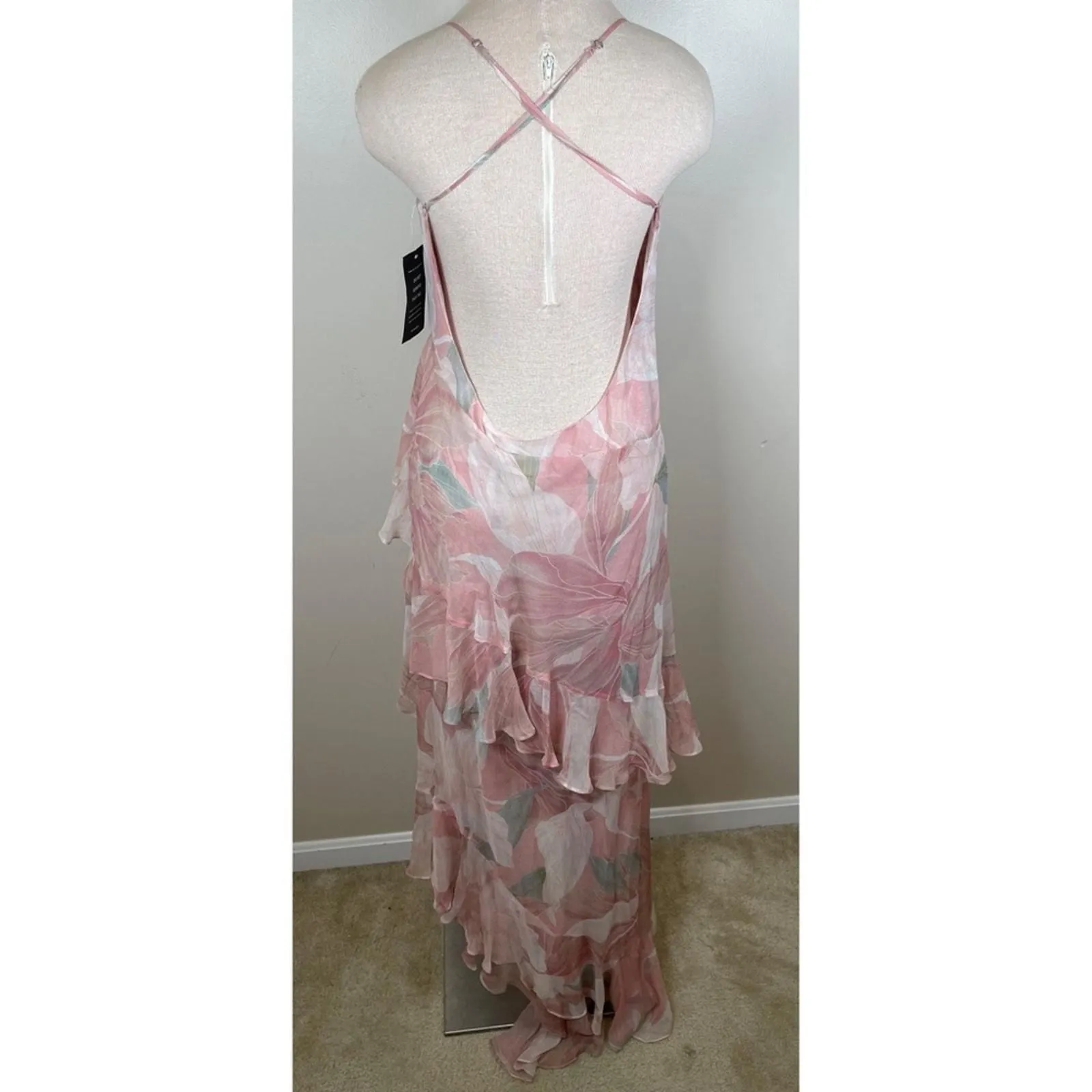 Retrofete Samara Silk Chiffon Ruffle Tiered Pink Floral Maxi Dress Size  Large - Retrofete  Whatnot: Shop, Sell, Connect