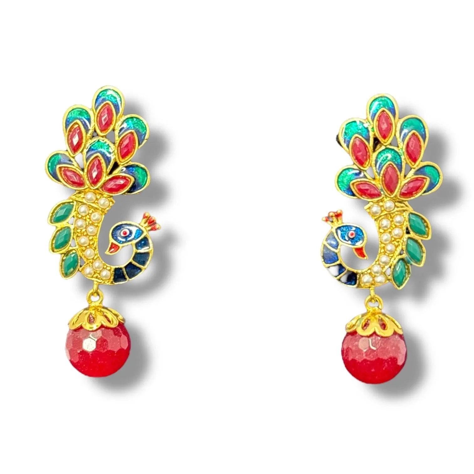 Product image for Peacock Large Earring Red Stone Enamel & Faux Pearl Gold Plated Indian Style