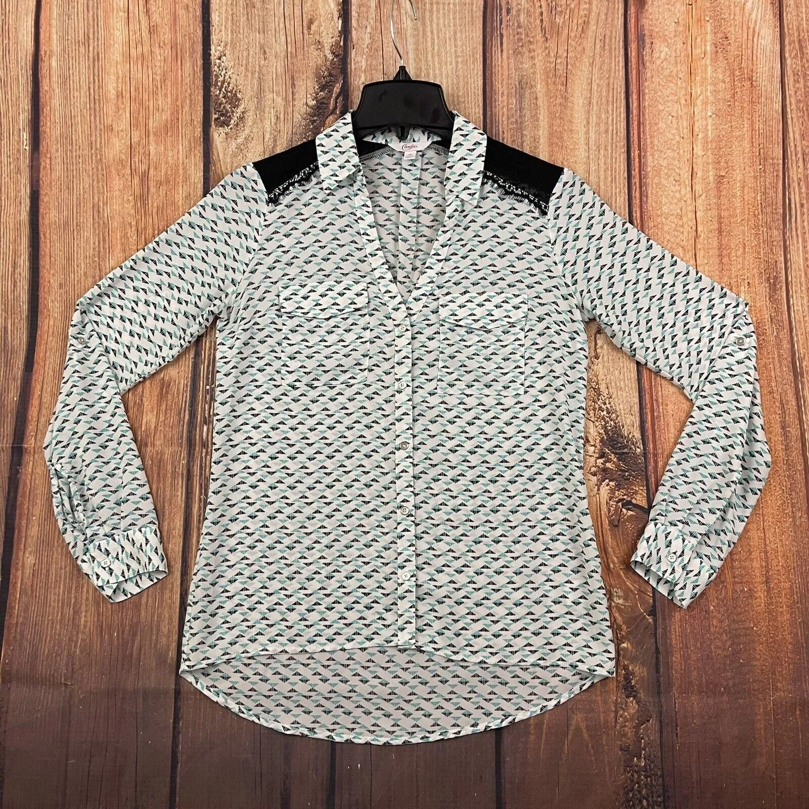 Product image for Candies Blouse Womens Size XS Button Up Shirt Long Roll Tab Sleeve Lace Shoulder - pre-owned---good - Candie's