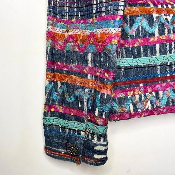 Product image for Chico’s “Scrap Art Fabric” Artsy Colorful Unique Embroidery Demin Jacket