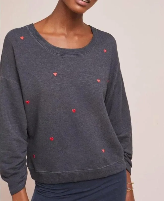 Product image for Anthropologie Sundry Little Hearts Embroidered Charcoal Sweatshirt Size 3 (L) - 138 - Large - Tops - pre-owned---excellent - Anthropologie