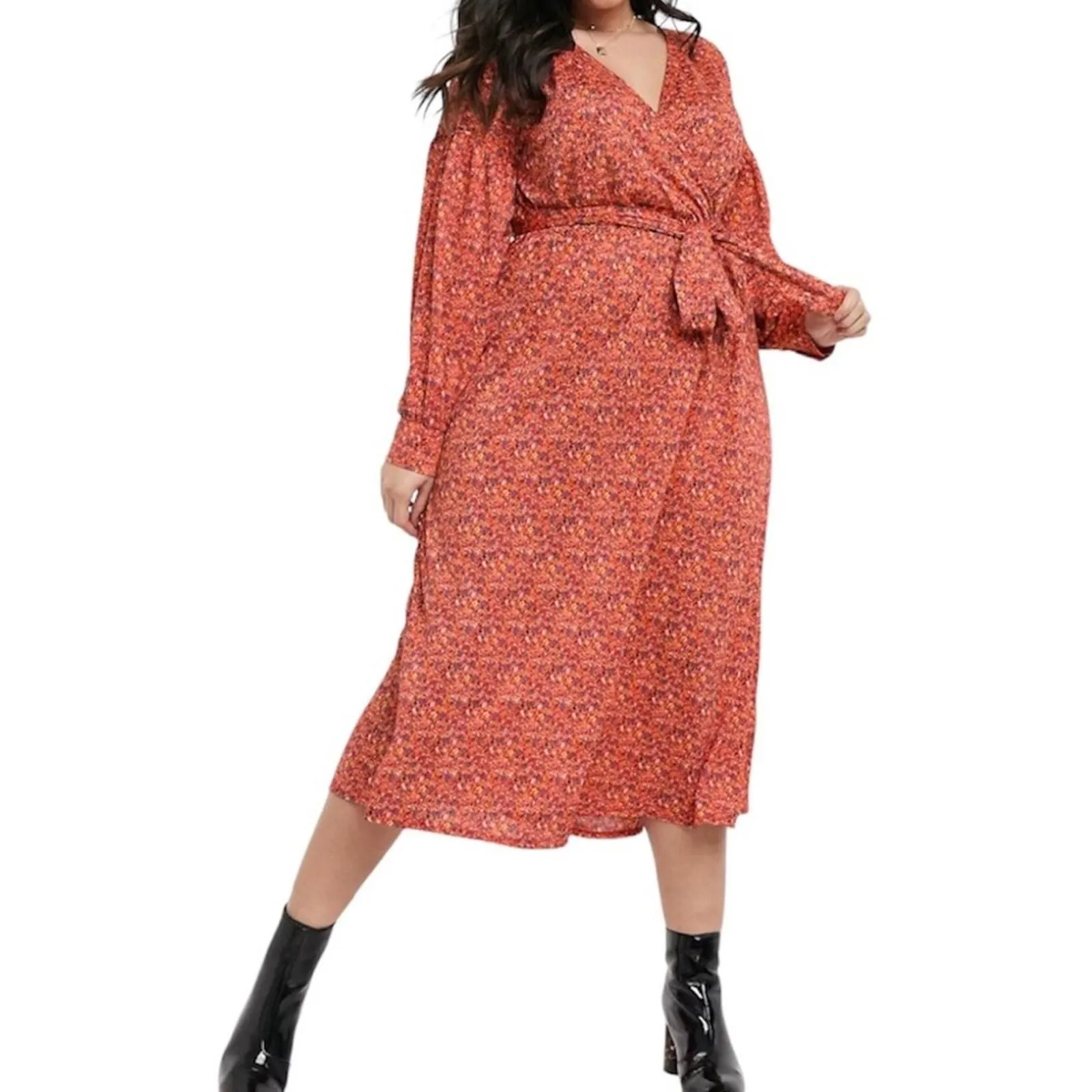 Product image for ASOS CURVE Dress Size 16 Floral Ditsy Print Surplice Neckline Long Sleeve - 16 - Dresses - pre-owned---good - ASOS Curve