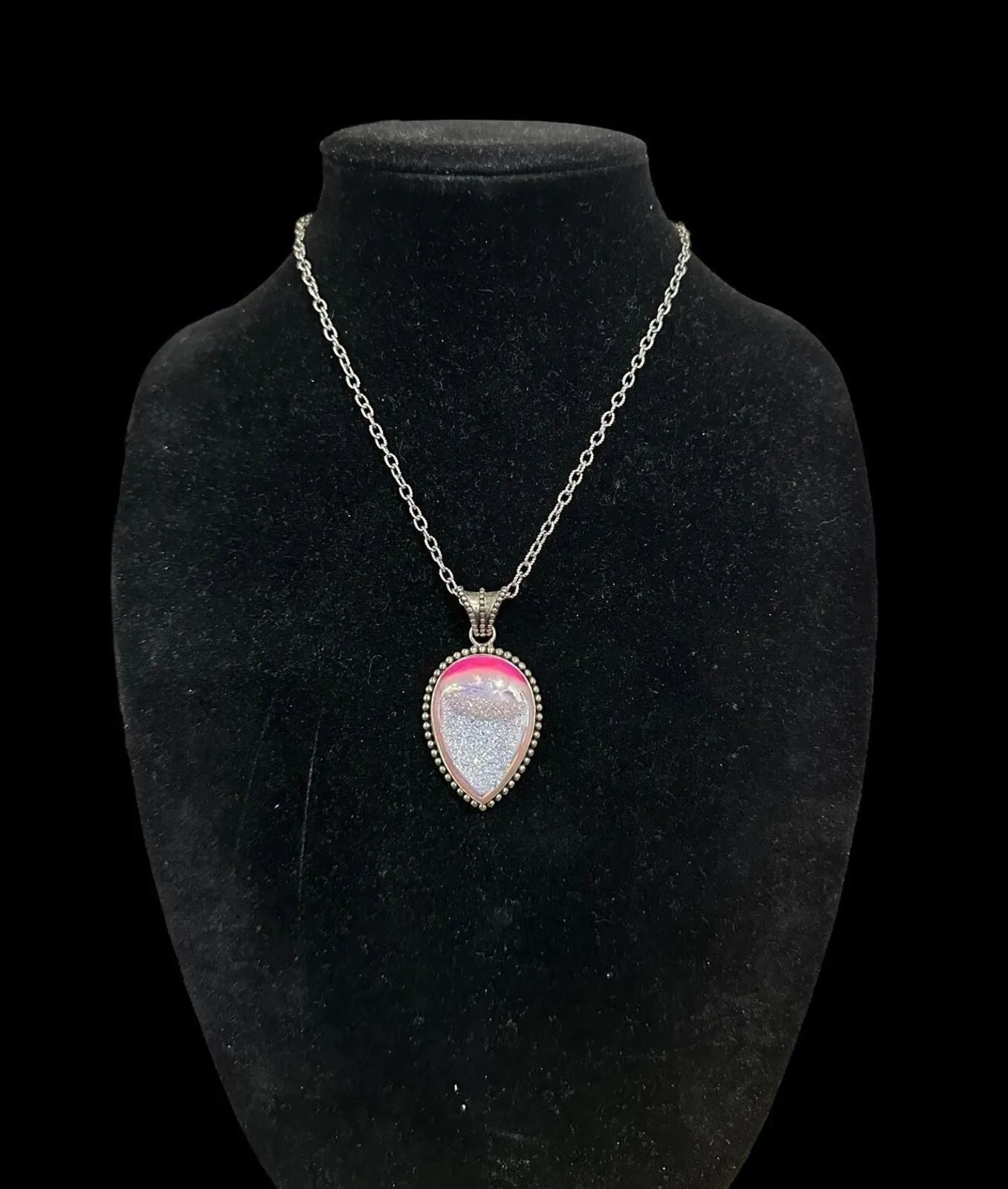 Product image for SAJEN Sterling Necklace Pear Teardrop Shaped Pink Druzy Silver 18" Long