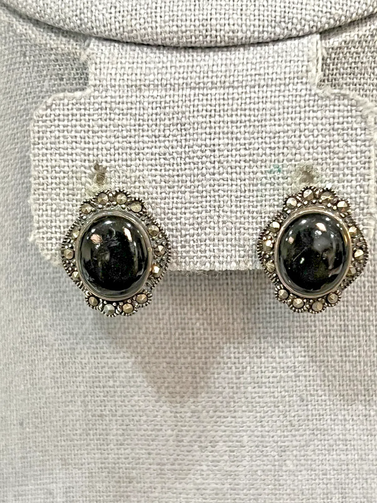 Product image for Vintage Sterling Silver 925 Onyx Marcasite Clip On Earrings Oval Shape