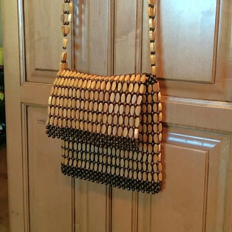 Product image for Brown & Tan Long Strap Beaded Shoulder Bag / Purse