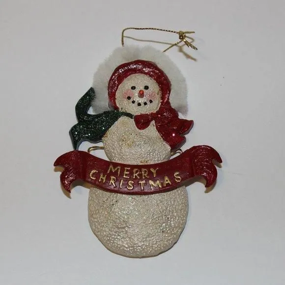 Product image for Vintage Lady Snowman Fur Hat with Merry Christmas Sign Glitter Ceramic Ornament
