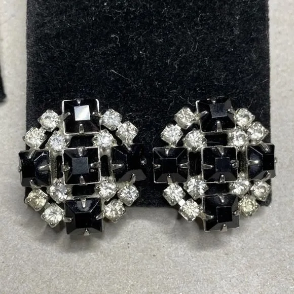 Product image for Black Glass & White Rhinestone Prong Set Vintage Clip on Gorgeous