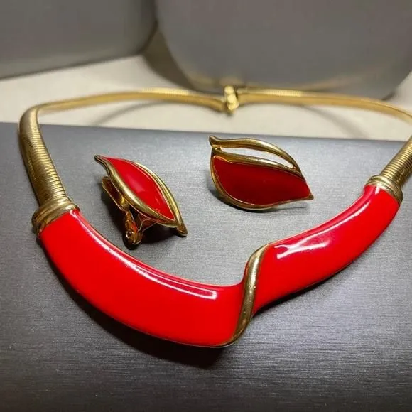Product image for Monet red enamel omega gold tone 18” chain necklace, clip on earrings set 1980’s