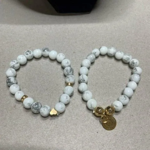 Product image for 2 Natural White Glass/Stone Bracelets, with Gold Tone Accent Pieces on a stretch