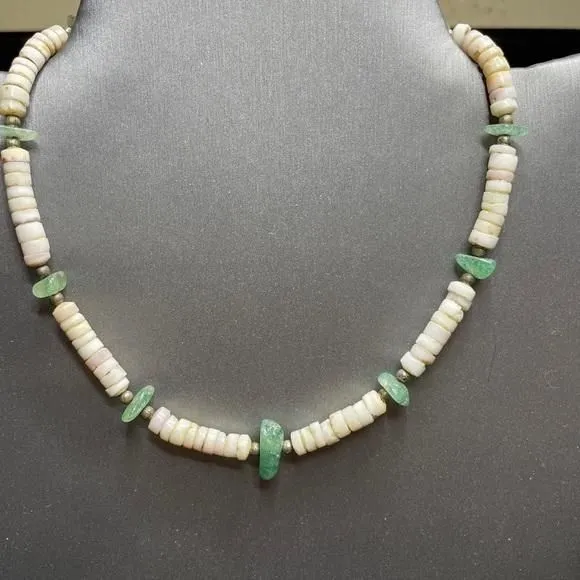 Product image for Jadeite & Shell 15” Barrel Clasp Necklace Native American Vintage Necklace