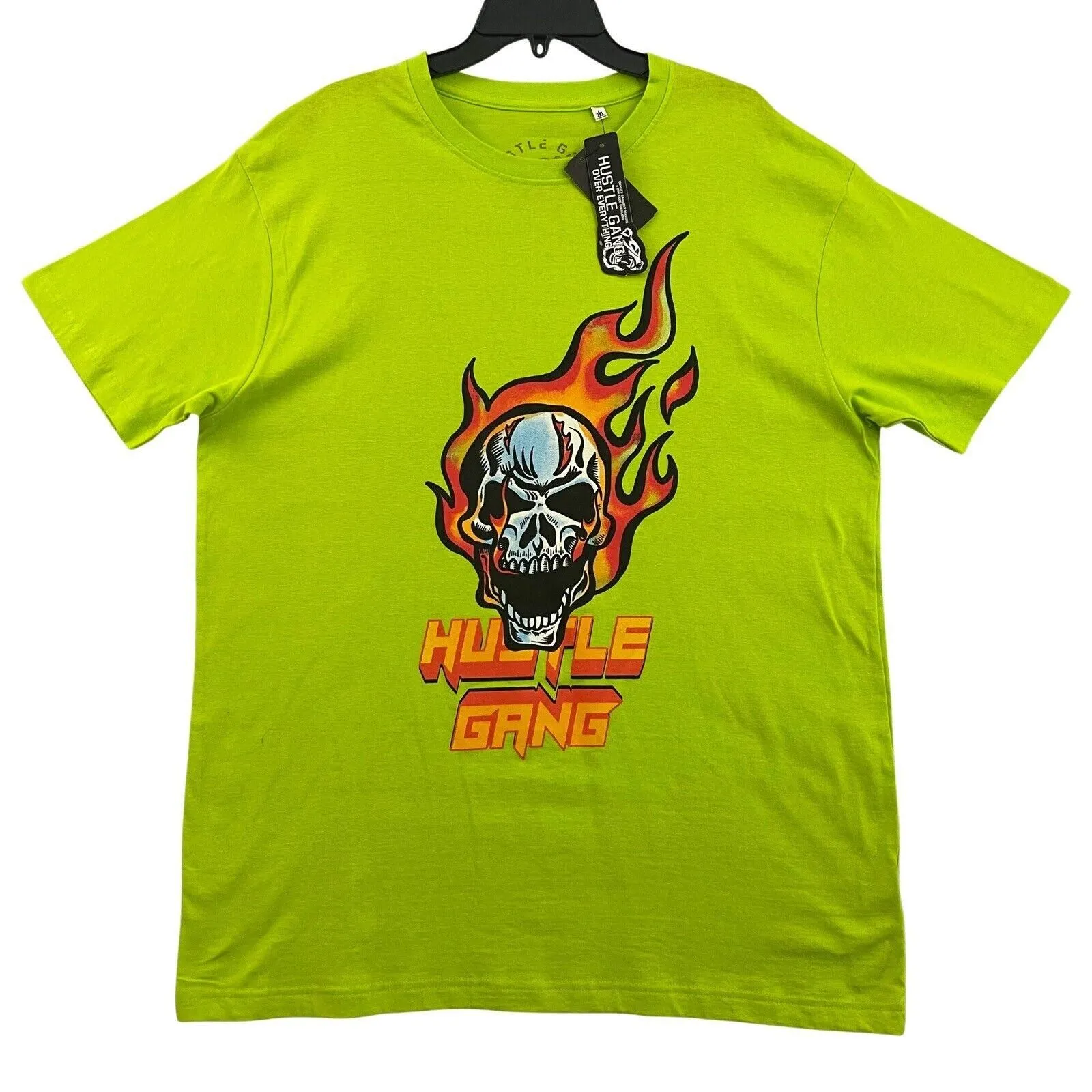 Product image for Hustle Gang T Shirt Mens Size 2XL Acid Lime Vengance Flaming Skull   MSRP   $34 - new-with-tags - Hustle Gang