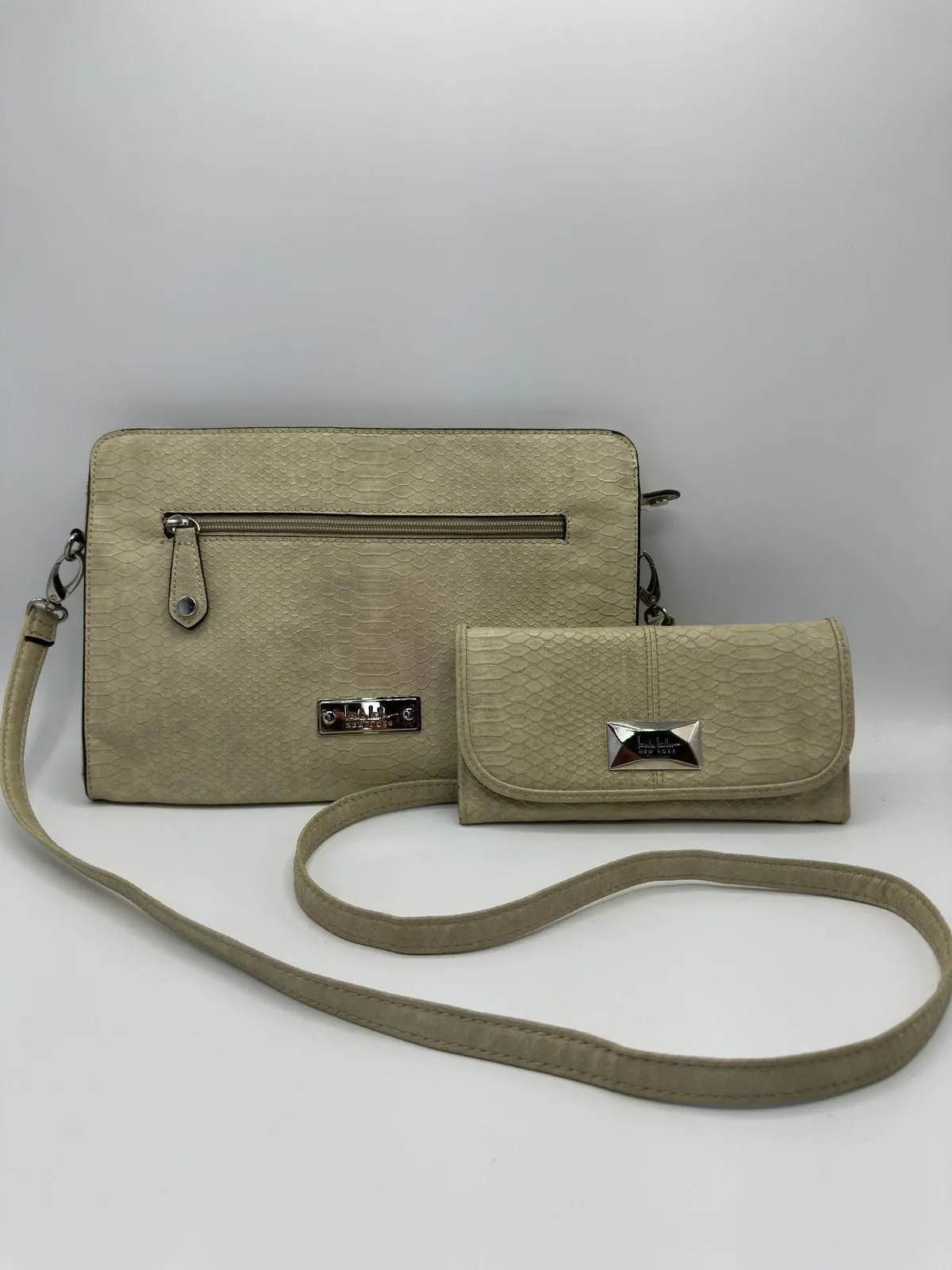 Product image for Nicole Miller Faux Snakeskin Crossbody & Wallet Beige EUC
