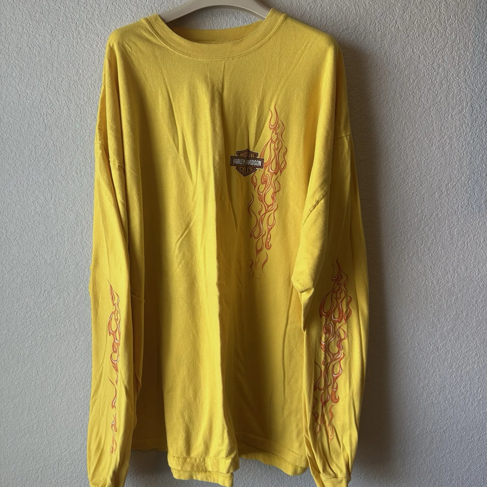Product image for Vintage Harley Davidson Fire Yellow Long Sleeve 3XL Dallas Texas - pre-owned---excellent - Harley-Davidson
