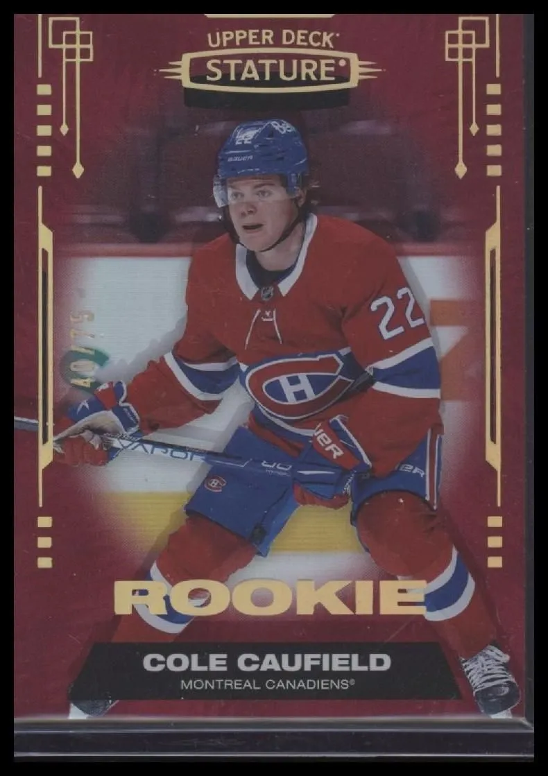 Product image for 2021 Upper Deck Stature Cole Caufield #165 Red Rookie #'d /75 Color Match