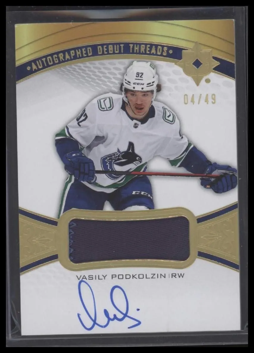 Product image for 2021 UD Ultimate Vasily Podkolzin #ADT-VP Autographed Debut Threads RPA #'d /49