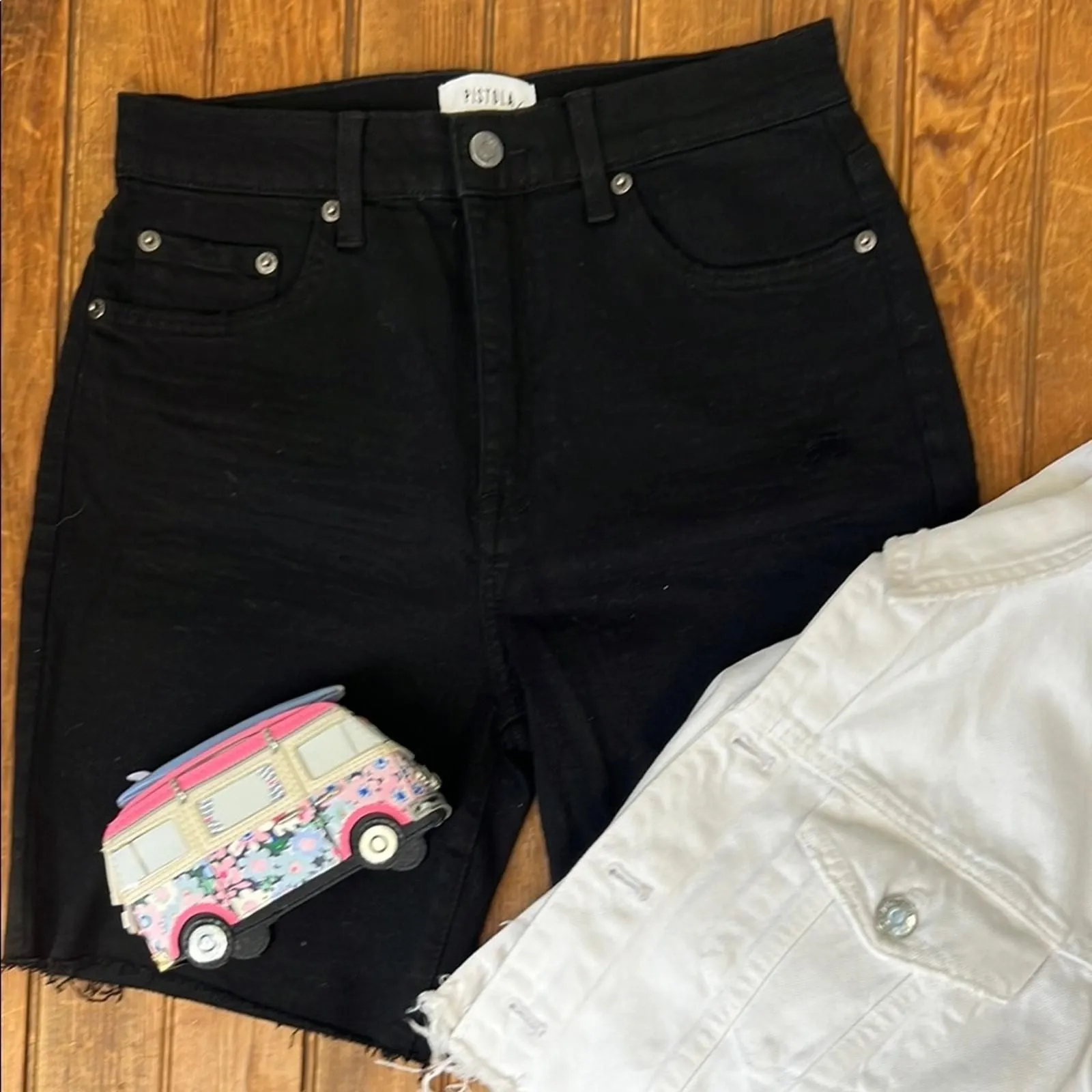 Product image for Pistola women’s cutoff black jean short longer inseam distressed size 28 - pre-owned---excellent - pistola