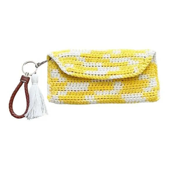 Product image for Hand Crafted Crochet Wristlet Clutch Fabric Liner Faux Leather Strap Glam