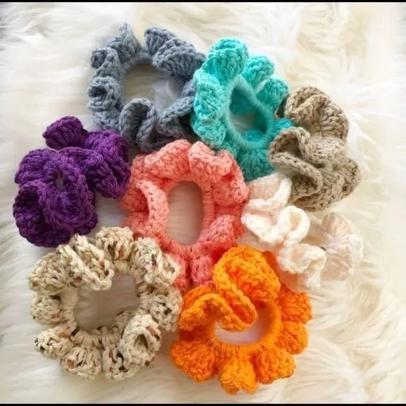 Product image for Hand Crafted Crochet Scrunchies Singles Pink Blue Tan Cream