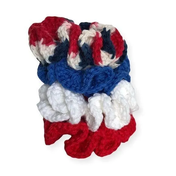 Product image for Hand Crafted Crochet Hair Scrunchies 4 Pack Red White Blue Ombre Hair Tye