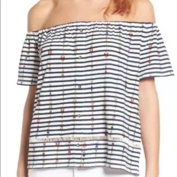 Product image for Lucky Brand Top Size S White Black Stripes Off Shoulder Floral Pattern