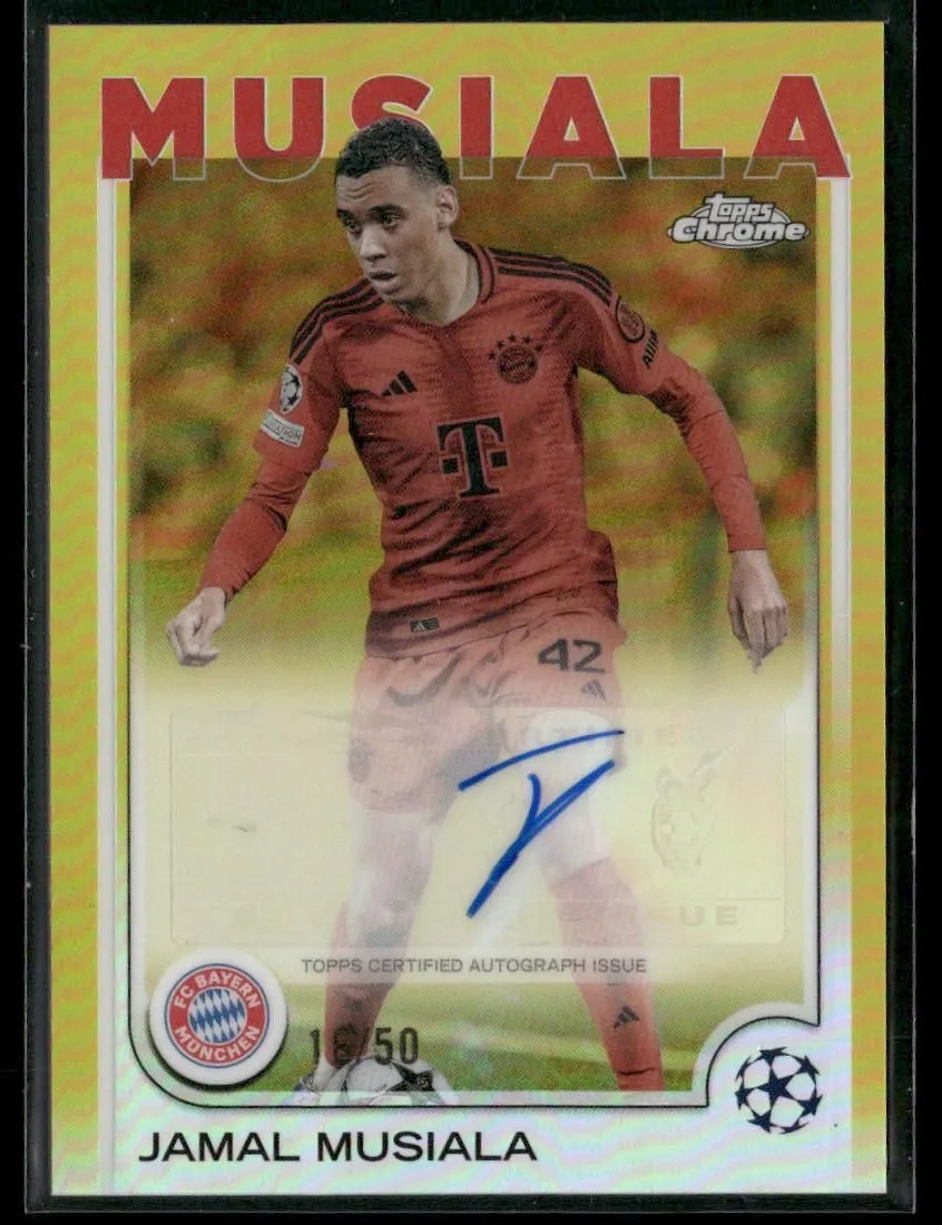 Product image for 2024-25 Topps Chrome UEFA CC Jamal Musiala #CA-JM Gold 16/50 Autograph