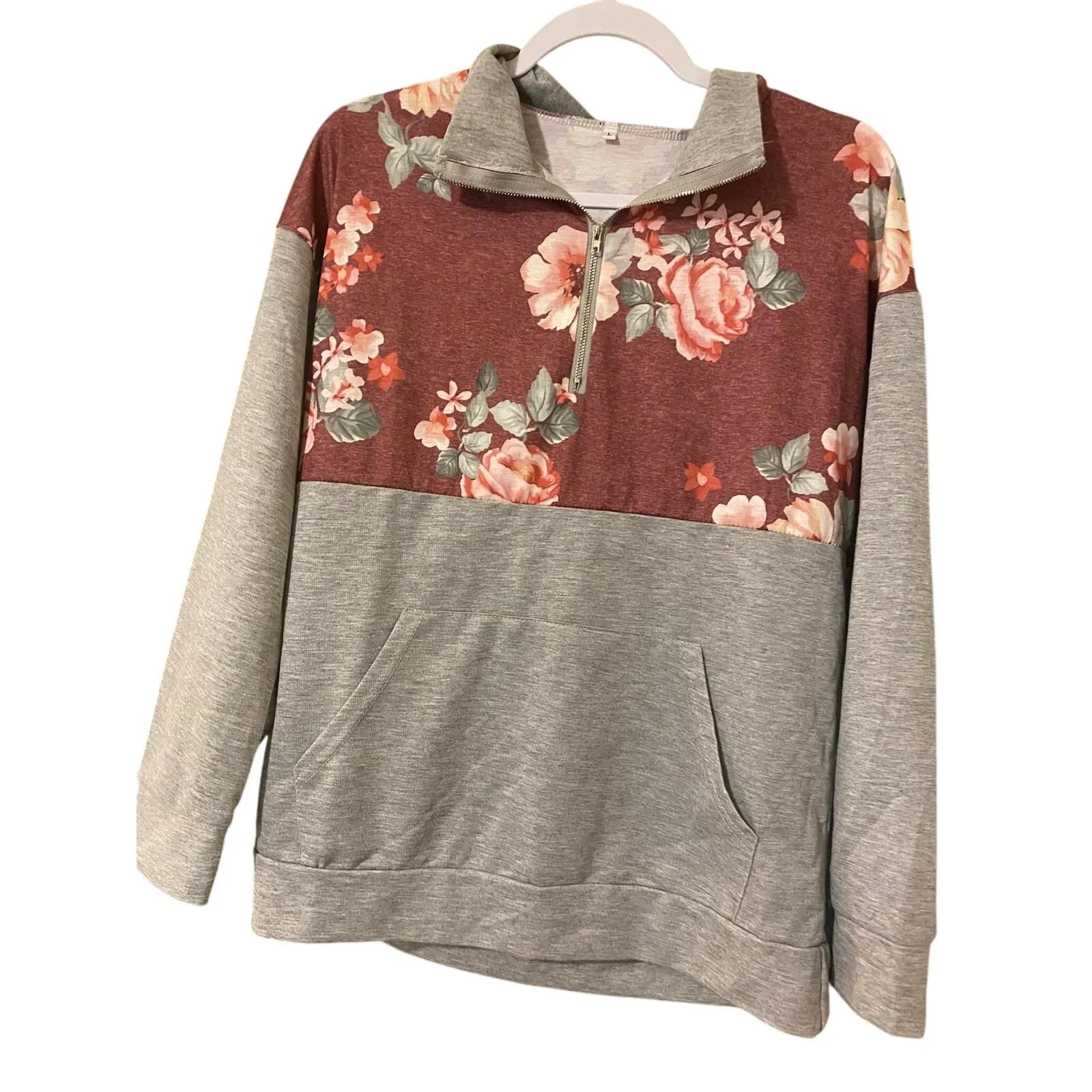 Product image for Grey Sweater with Burgundy & Pink Flowers, With Large Pocket Size Large - None and/or Unknown