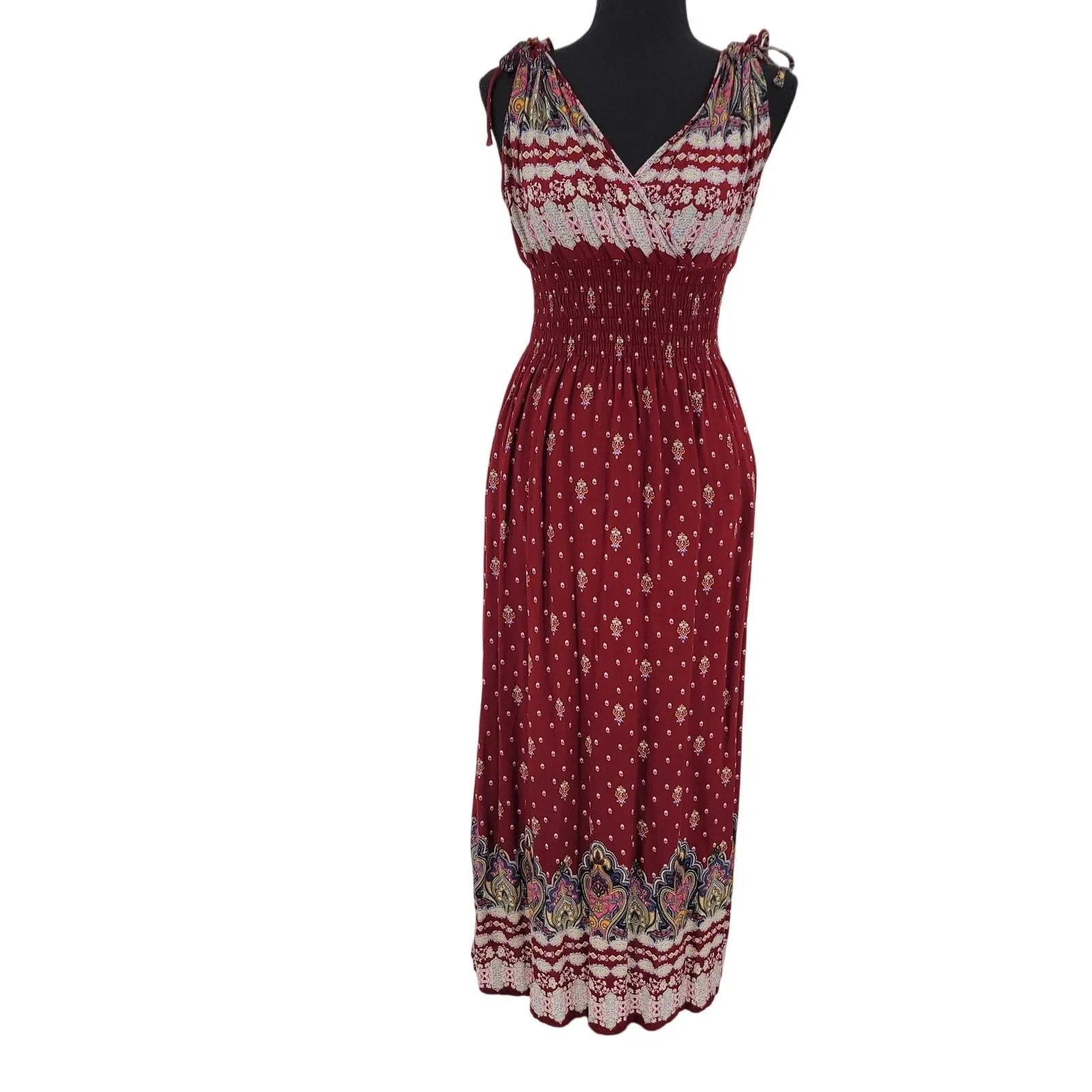 Product image for Paisley Mandala Print Maxi Sundress Summer Vacation Cruise Resort Maroon Size XS - pre-owned---good - None and/or Unknown