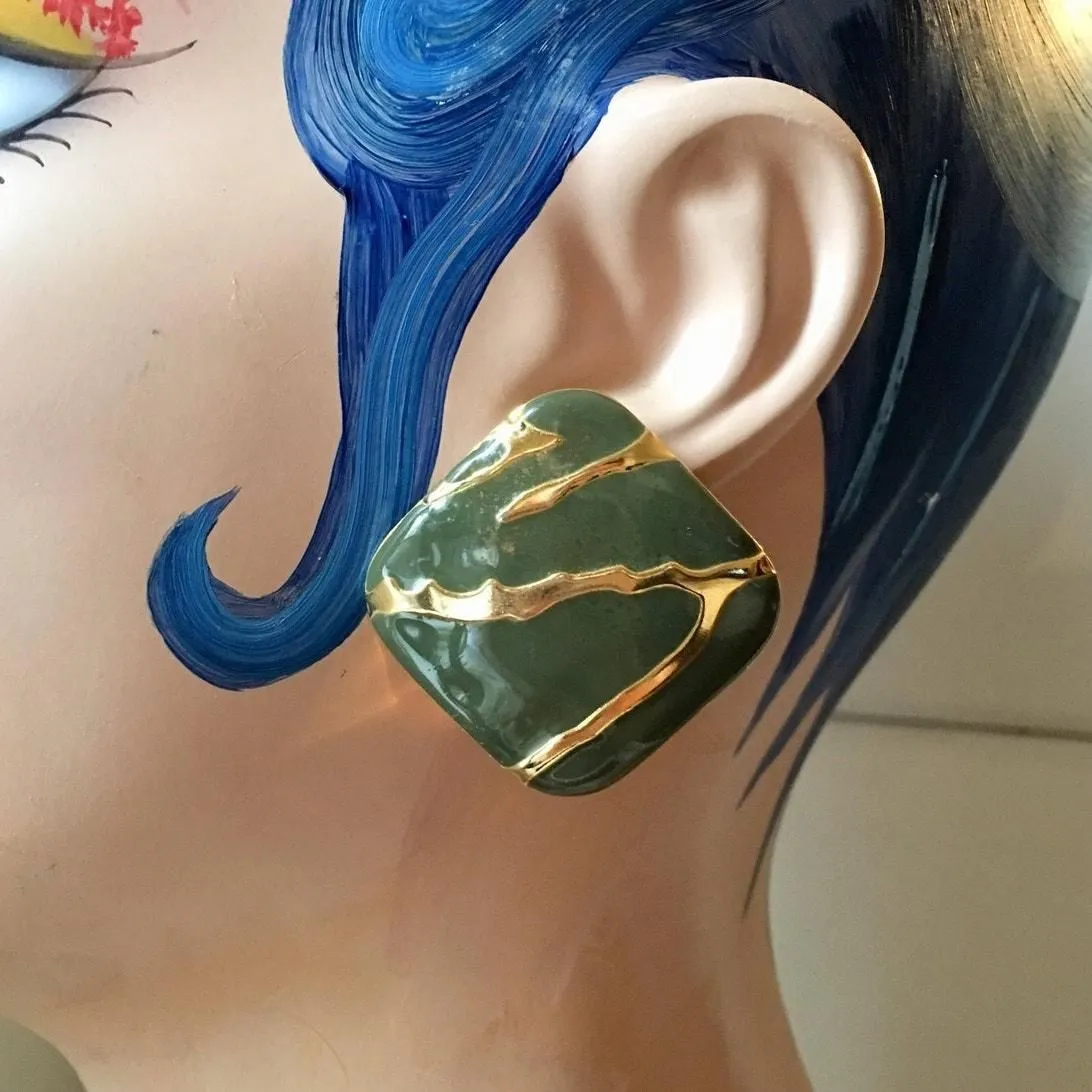 Product image for Vintage green and gold square statement earrings - pre-owned---good