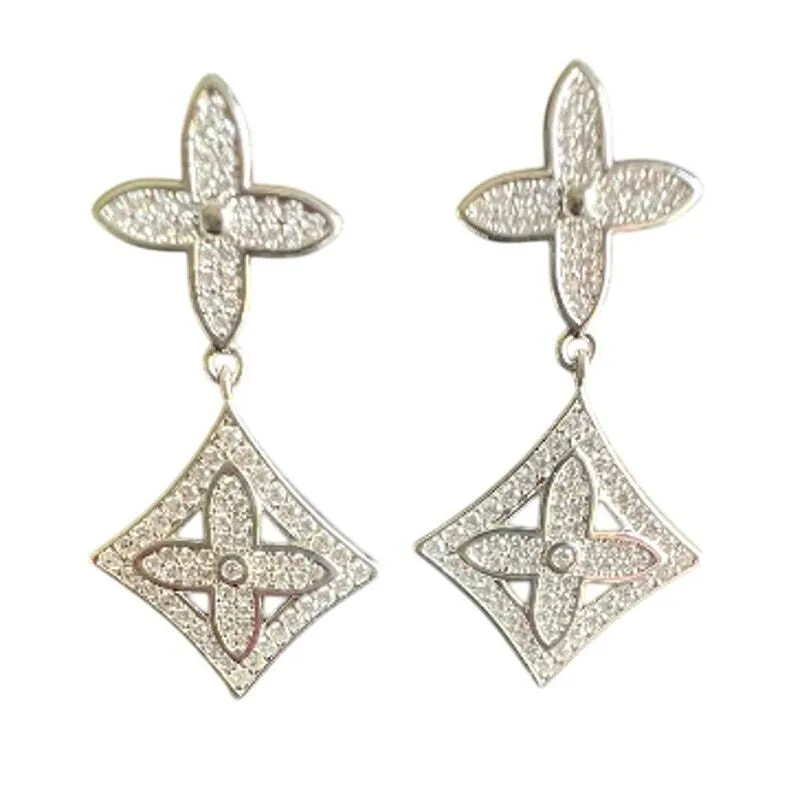 Product image for Louis Vuitton Silver LV Monogram Flower Crystal Dangle Drop Earrings (LVXX009) - new