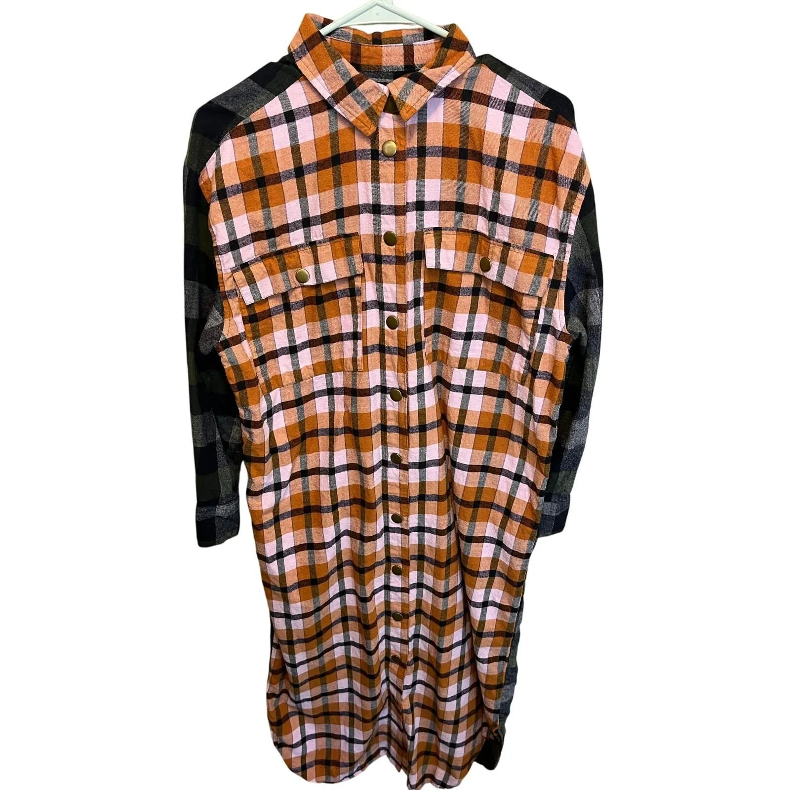 Product image for ASOS Colorblock Long Sleeve Plaid Flannel Long Length Dress Duster Size 6 - pre-owned---good - ASOS
