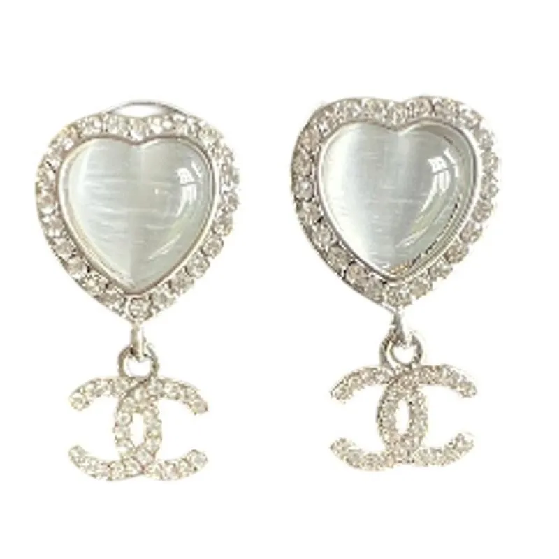 Product image for Chanel Sterling Silver Opal Heart and Crystal CC Dangle Earrings Autumn/Pre-Fall 2023 (CCXX010) - new