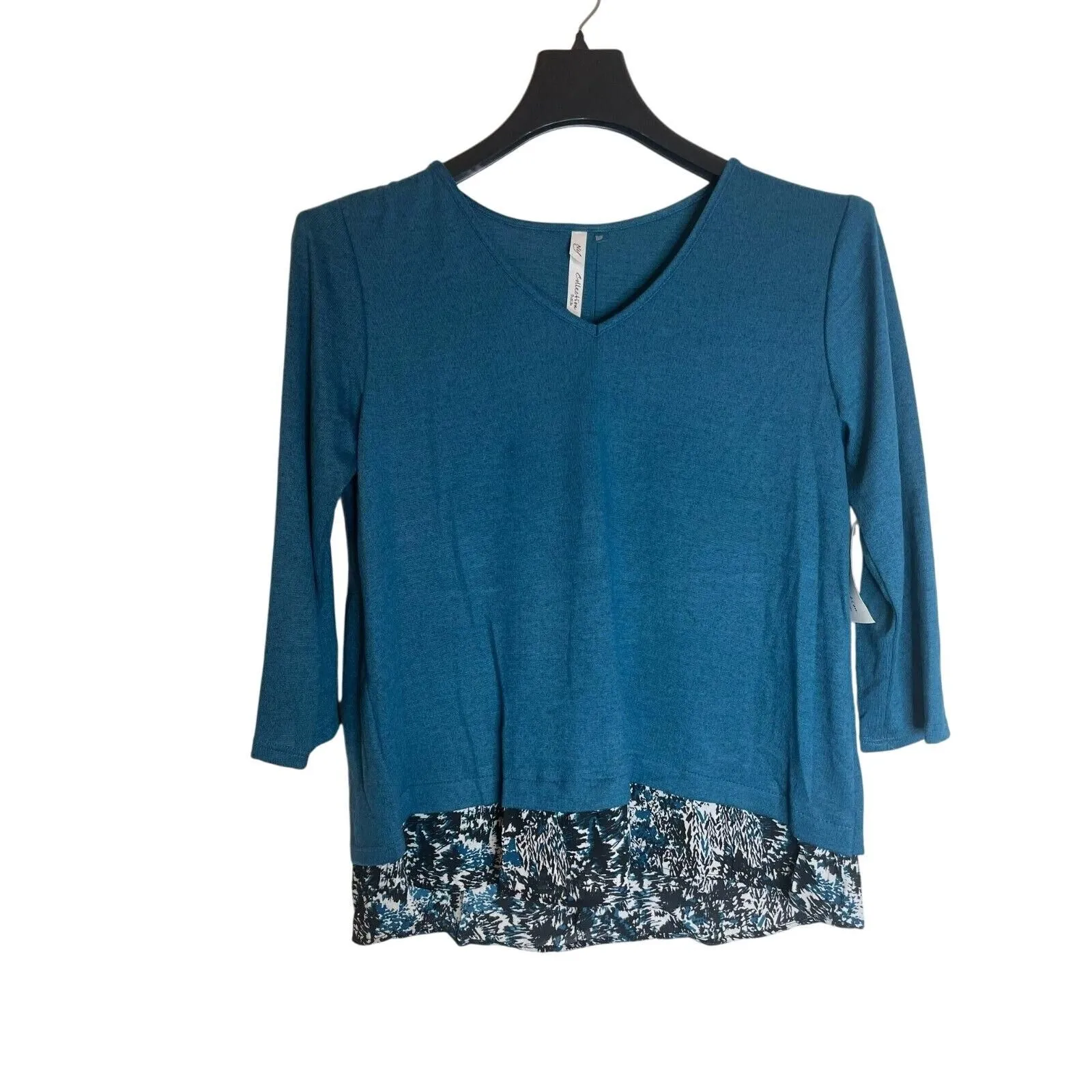 Product image for NY Collection Womens V-Neck Blouse Back Button 3/4 Sleeve Hi-Low Hem Size PXL Blue - new-with-tags - NY Collection