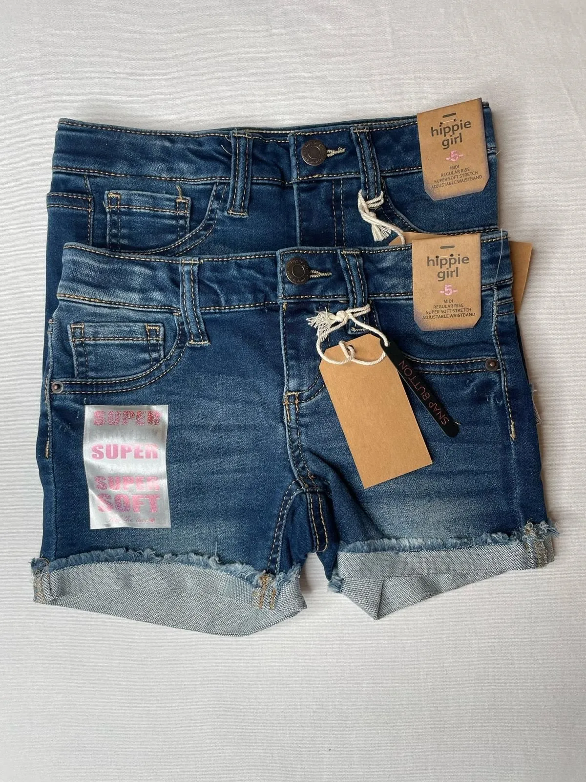 Product image for Lot of 2 Hippie Girl Stretch Regular Fit Midi Rise Shorts Single Button Size 5 Blue NWT - new-with-tags - Hippie Girl