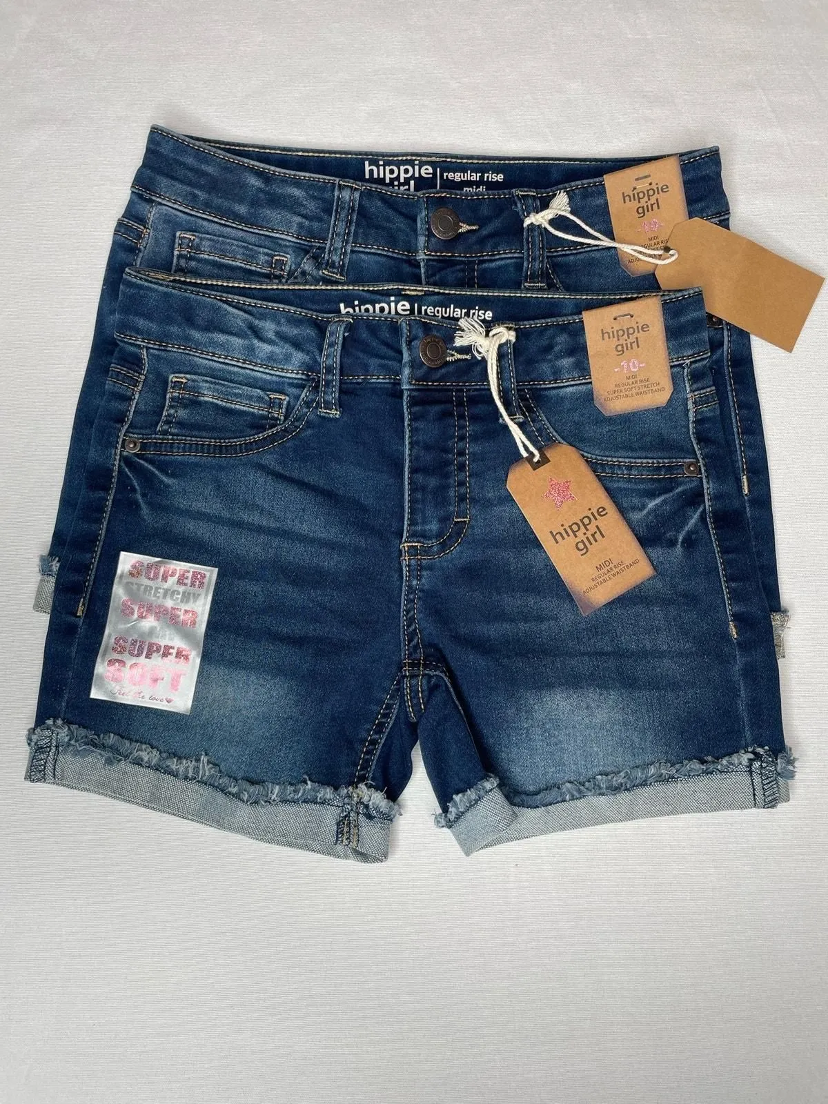 Product image for Lot of 2 Hippie Girl Super Stretch Denim Midi Rise Shorts Pockets Size 10 Blue NWT - new-with-tags - Hippie Girl
