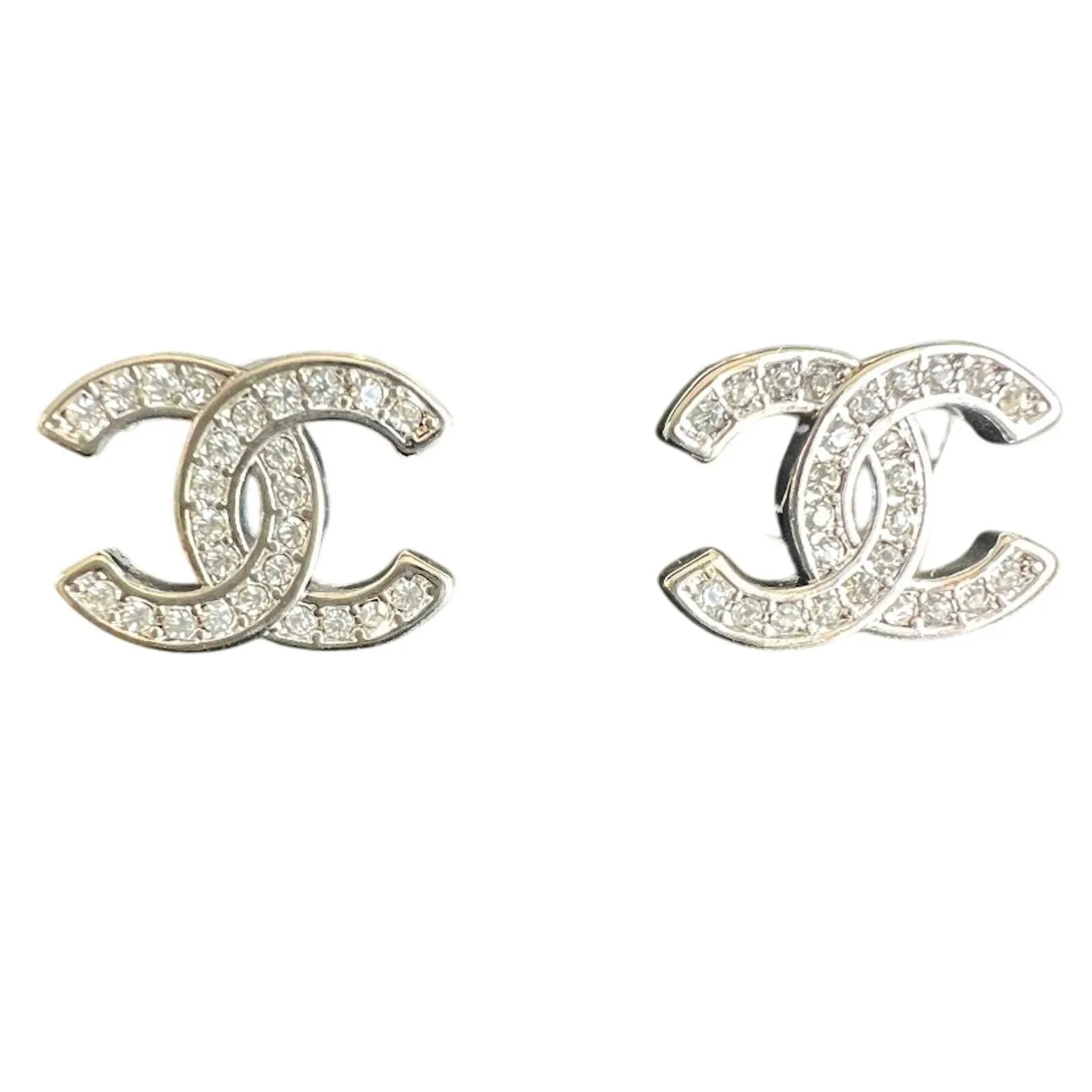 Product image for Chanel Platinum Plated CC Crystal Stud Earrings Autumn/Pre-Fall 2023 (CCXX022) - new