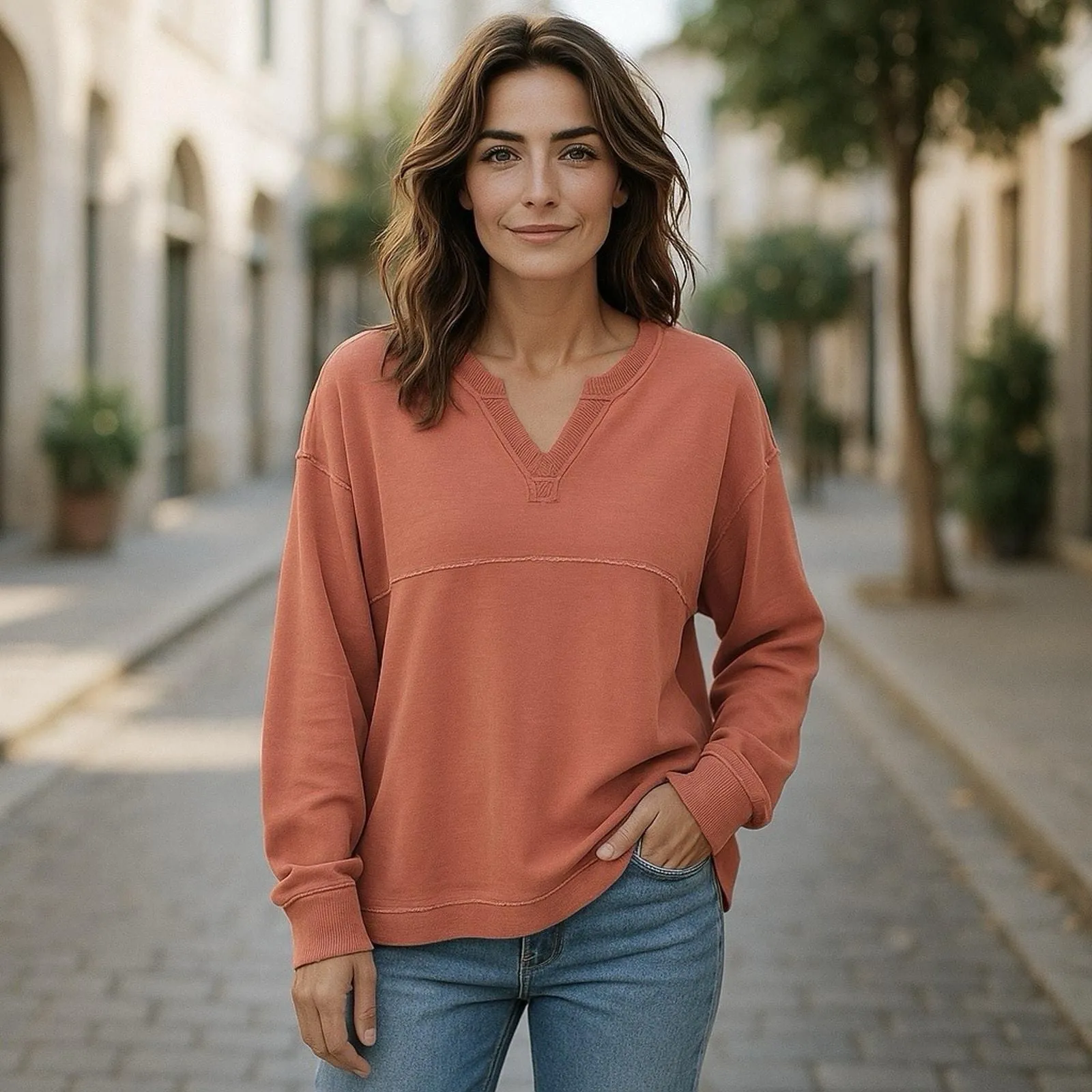 Product image for Wonderly Women’s M Medium Sweatshirt Orange Drop Shoulder Long Sleeve V-neck - pre-owned---excellent - Wonderly