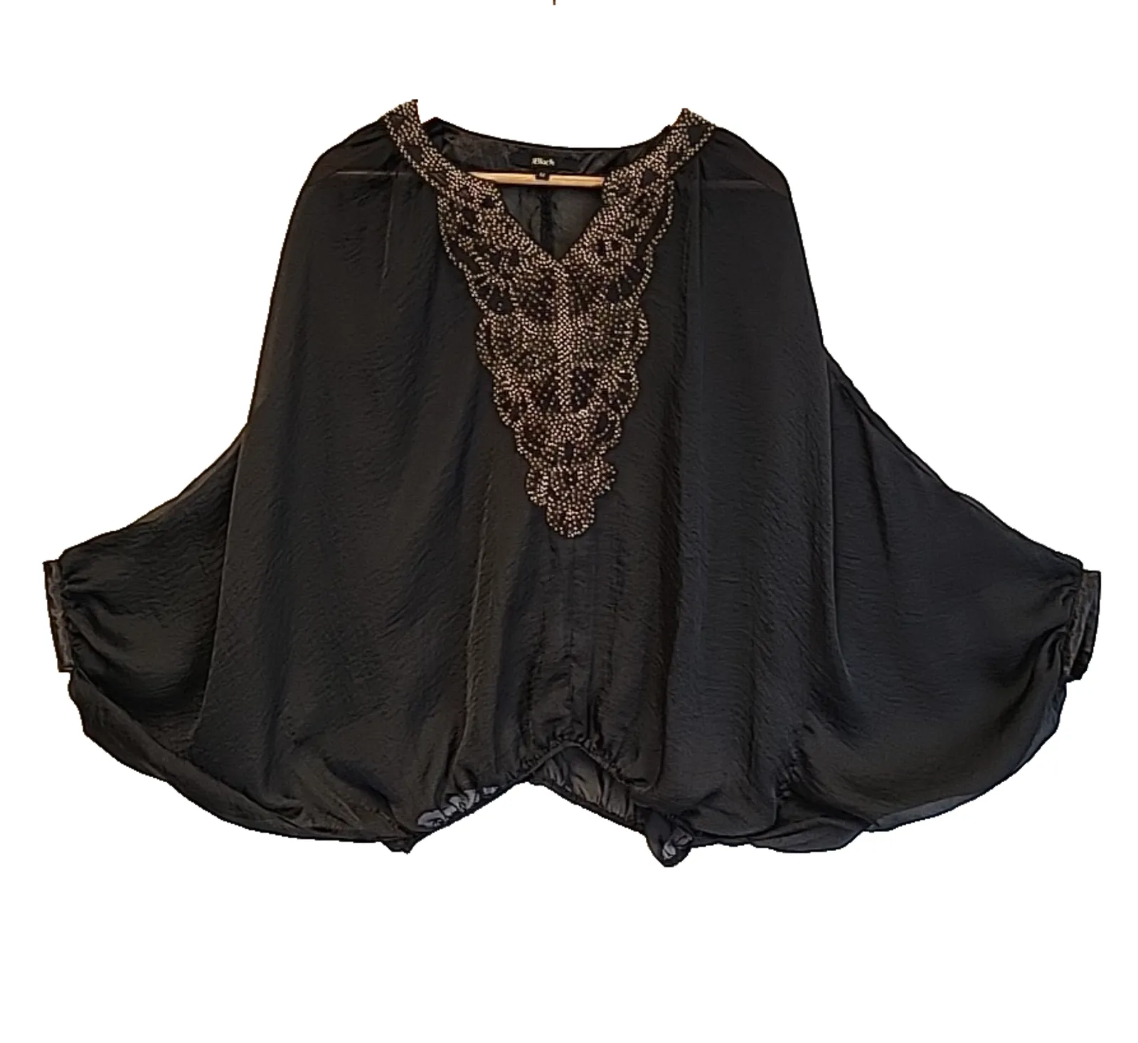 Product image for Sheer Black Beaded Top Whimsigoth Dark Fairy Festival Bat Wing Sleeves Size M - Black